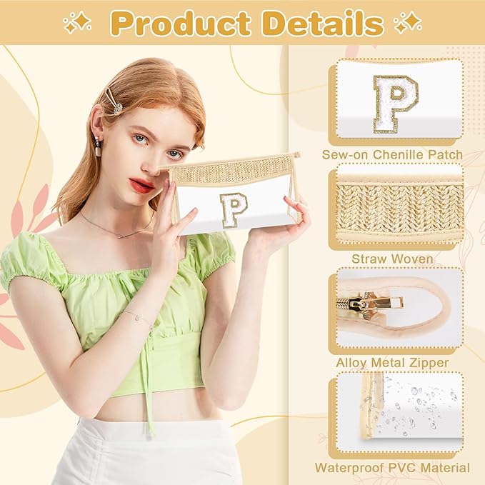 Personalized Initial Letter Bag Boho Straw Clear Makeup Bag,Small Cute Chenille Varsity Letter Pouch With Zipper,Beach Travel Toiletry,Portable Monogrammed Cosmetic Bag for Women Girls,P