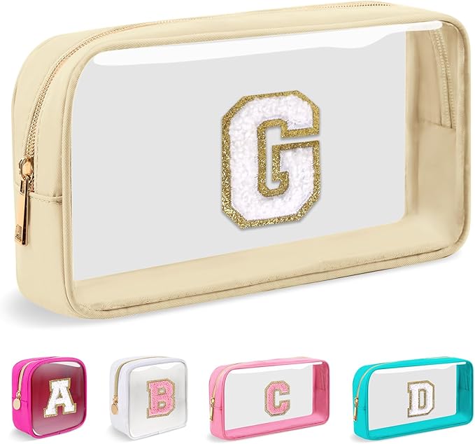 Small Clear Personalized Initial Makeup Bag,Nylon Preppy A-Z Chenille Letter Patch Cosmetic Pouch Beach Toiletry Bag,Waterproof Zipper Travel Purse Storage Bag Organizer for Women Girls(Beige-White G)