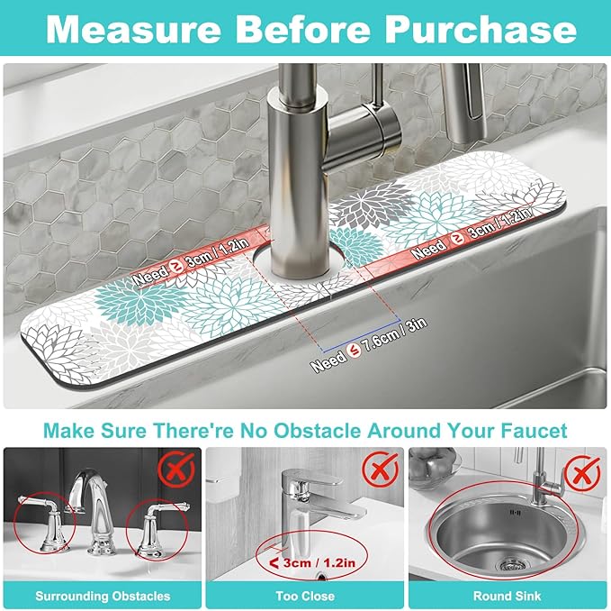 Findosom 2PCS 12" x 20" Dish Drying Mat & 24" x 5.5" Sink Splash Guard, Super Absorbent & Cuttable Dish Mat Drying Kitchen Mat with Teal Floral, Hide Stain Drying Mat for Kitchen Counter