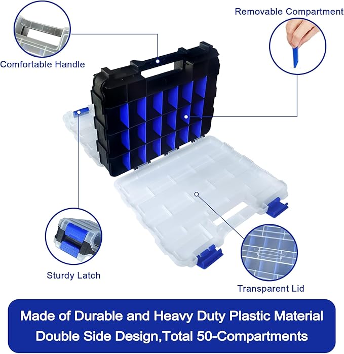 Tools Organizer Box Small Parts Storage Box 50-Compartment Double Side Hardware Organizers with Removable Plastic Dividers for Screws, Nuts, Nails, Bolts, Blue