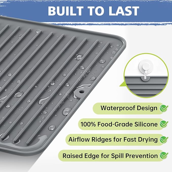 Songrey 12" x 6.5" Silicone Dish Drying Mat, Kitchen Counter Drying Pad for Sink Dishes or Under Rack, Multi-Use as Heat Resistant Trivet, Coffee Bar Mat