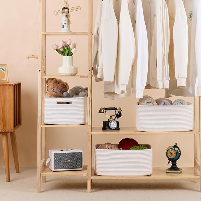 MiniArk Large Storage Baskets for Shelves, Closet Organizers Bins for Clothes Blanket Towels, Baby Nursery, Toy Baskets Box, Woven Rope Baskets, 17 x 13 x 7.5”, 3 Packs Off White
