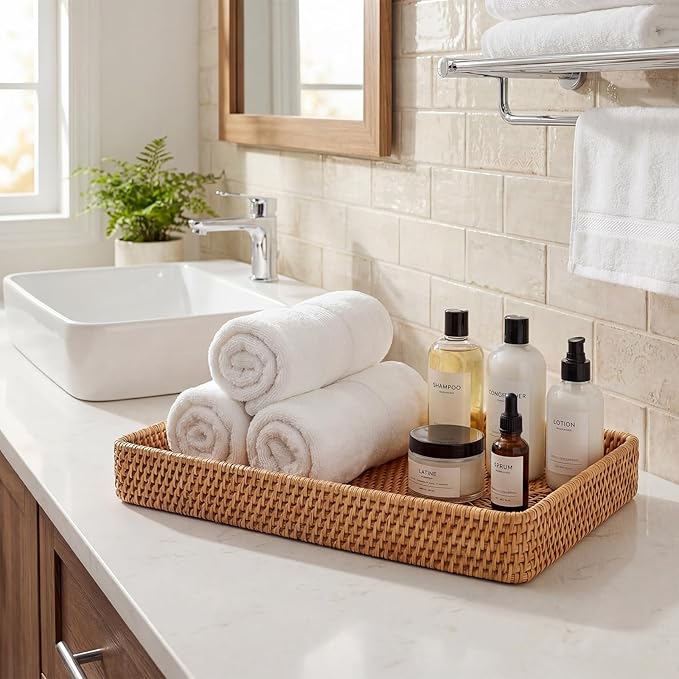 Wicker Storage Basket, Rattan Tray Rectangular for Bathroom Living Room, Decorative Serving Woven Trays Wicker Baskets for Organizing, Woven Seagrass Tray for Storage Home Decor L(14.6" × 9.1")