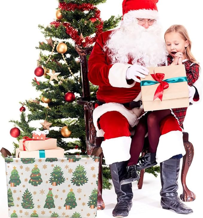 Rectangle Christmas Basket,Candy Storage Basket with Handles,Kids Gift Storage Box,Cute Canvas Organizer Bin for Pet,Books Basket,Toys Bin,Gift Baskets(Christmas Tree)