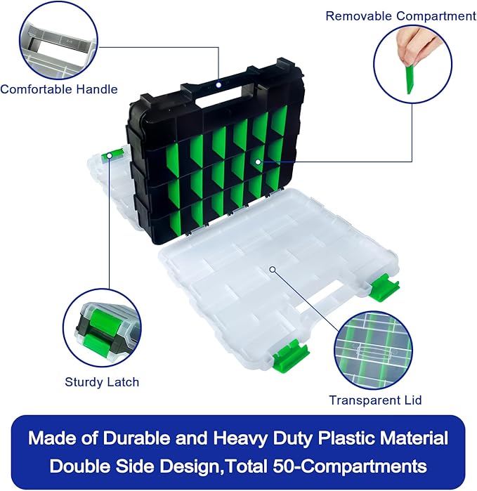 Tools Organizer Box Small Parts Storage Box 50-Compartment Double Side Hardware Organizers with Removable Plastic Dividers for Screws, Nuts, Nails, Bolts, Green