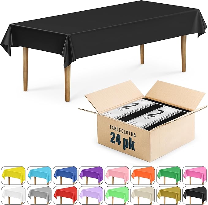 DecorRack 24 Pack Rectangular Tablecloths BPA-Free Plastic, 54 x 108 inch, Dining Table Cover Cloth for Parties, Picnic, Camping and Outdoor, Disposable or Reusable in Black (24 Pack)