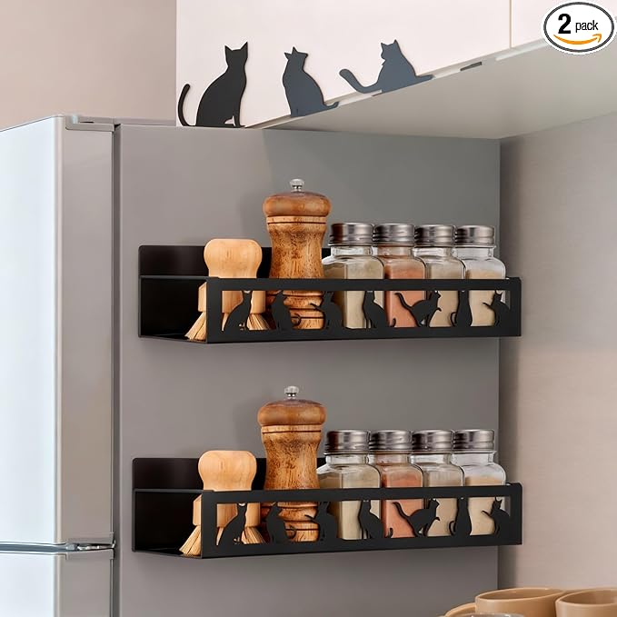 2 Pack Black Cat Magnetic Spice Rack for Refrigerator Metal Magnet Basket Shelf for Fridge Seasoning Storage Organizers Home Decor Kitchen Accessories (Black)