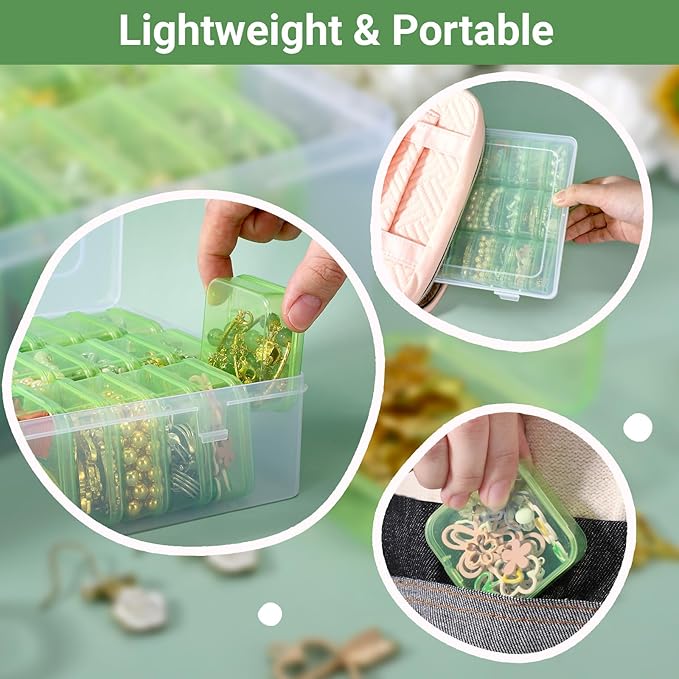 Cosics Bead Storage Containers, Clear Plastic Bead Organizer Case with Hinged Lid and Labels, Mini Craft Storage Box for Small Projects, Jewelry Kit, DIY Craft Supply, Stickers, False Nails, Green