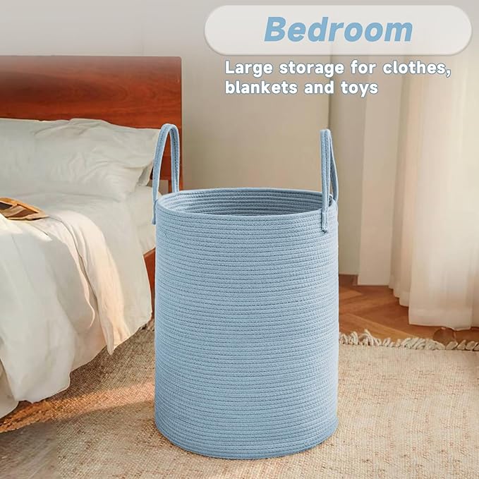 Large Woven Laundry Basket Hamper, 80L Cotton Rope Storage Bin for Blankets, Toys, and Clothes, Decorative Tall Nursery Hamper for Living Room, Baby Nursery, Bathroom, and Bedroom, Blue
