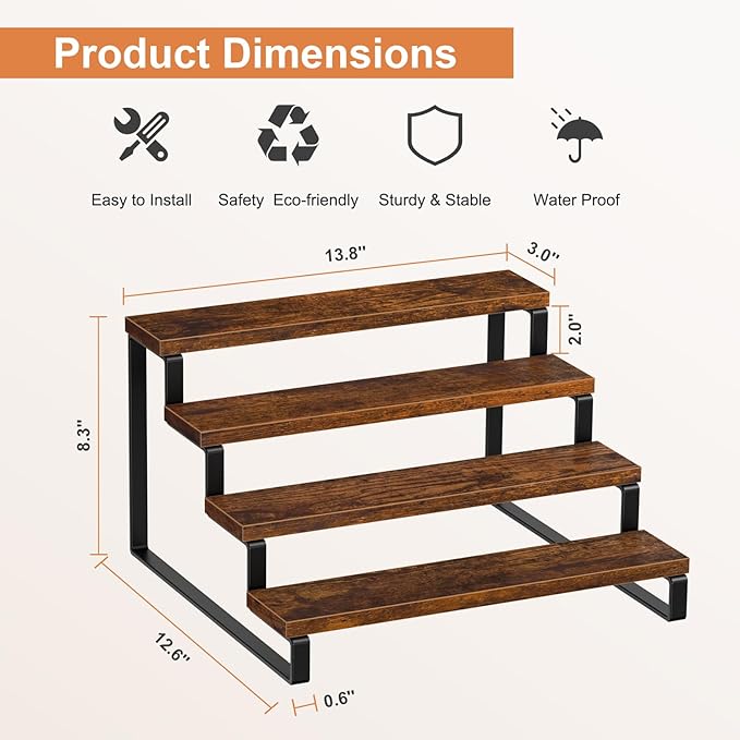 Giikin 4-Tier Spice Rack, Set of 2 Wooden Spice Racks for Countertop, Kitchen Counter Storage Shelves, Cupcake Stand Holder Display Stand, Rustic Brown