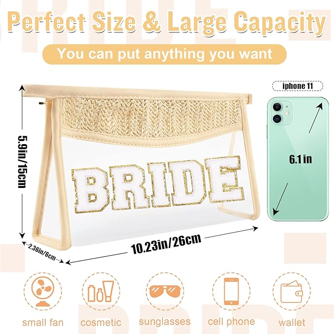 Boho Clear Makeup Letter Patch Makeup Bag BRIDE Pouch, Clear Toiletry Bag Travel Small Cute Chenille Letter Cosmetic Zipper Pouch Purse, Women Transparent Waterproof Glitter Wedding Make Up Bag(BRIDE)