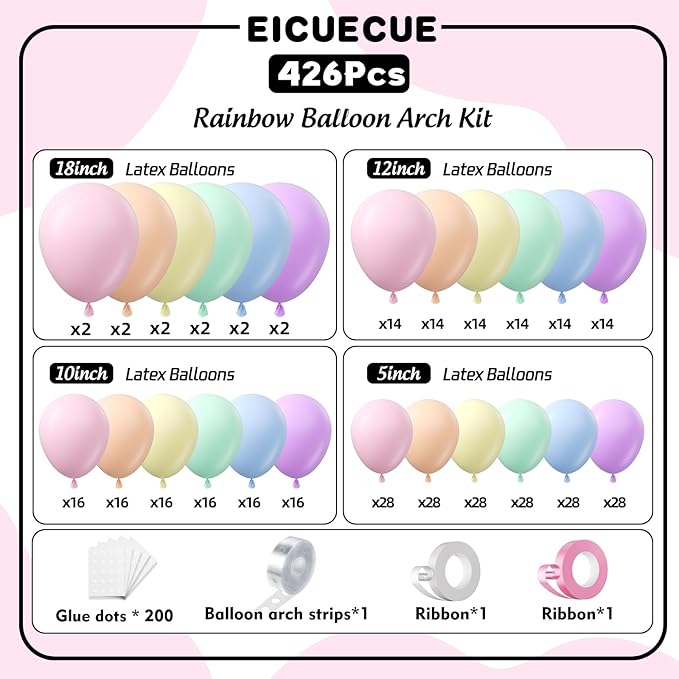 EICUECUE 426Pcs Pastel Balloon Arch Kit - 7 Macaron Assorted Colors Balloon Garland Kit for Birthday Party Kids Girls Baby Shower Wedding Anniversary Pride Easter Rainbow Supplies Party Decorations