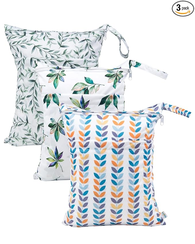 babygoal Wet Dry Bags for Baby Cloth Diapers, Washable Travel Bags, Beach, Pool, Gym Bag for Swimsuits & Wet Clothes with Two Zippered Pockets 3 Pack 3LN08
