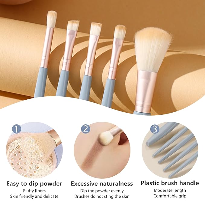Travel Makeup Brush Set, Portable 5 PCS Mini Makeup Brushes with Mirror, Easy-taken Makeup Tool Set for Eyeshadow, Contour, Blush, Complete Function Cosmetic Profesional Tools (Blue)