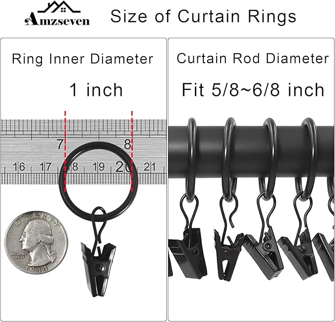 44 Pack Metal Curtain Rings with Clips, Drapery Clips with Rings, Drapes Rings 1 inch Inner Diameter, Fits Diameter 5/8 inch Curtain Rods, Black