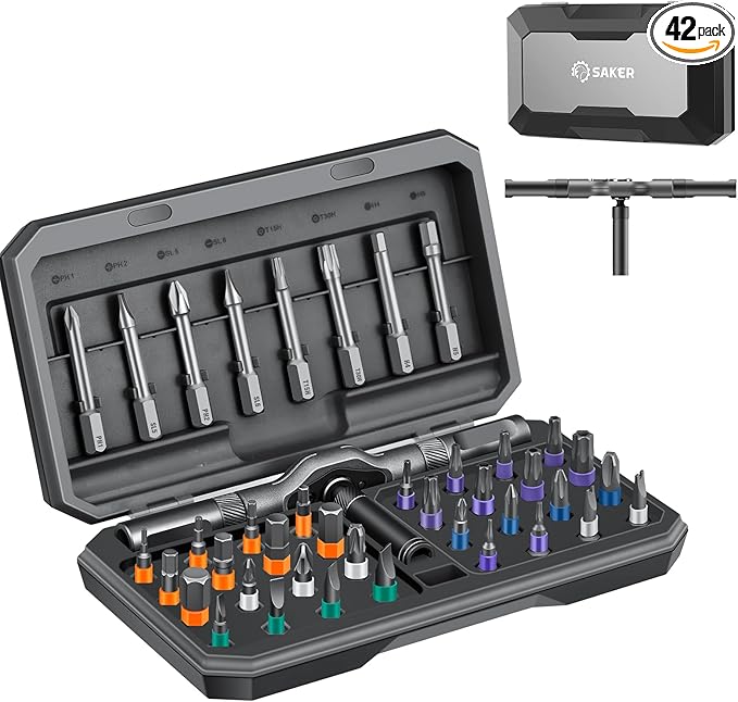 Saker 42-in-1 Magnetic Screwdriver Set, Multi-Bit Free Combination Ratchet Screwdriver Set Portable Repair Tool Kit for Gifts, Furniture, Computers, Bicycles, and DIY, Grey