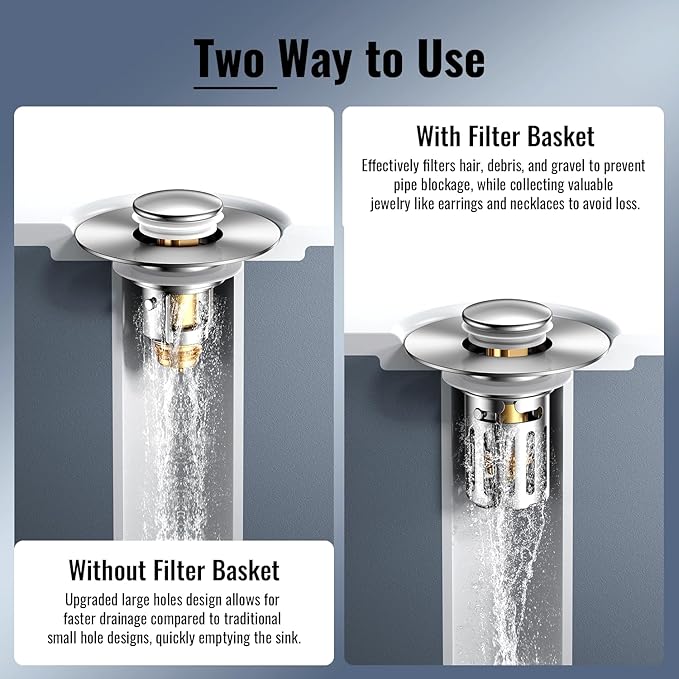 (2 Pc) Bathroom Sink Stopper-All Metal Sink Stopper-Universal Fit 99% Bathroom Sink Stopper with Removable Stainless Steel Hair Catcher-Bathroom Sink Drain Strainer for (1.1'' to 2.36'' inch) Drain