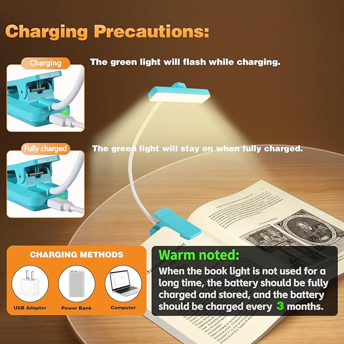 VAVOFO Rechargeable Book Light Rotatable：24 LEDs Reading Light, 3-Color & 9-Brightness Book Lamp, Eye Cared 120Hrs Runtime Lightweight Clip on Led Light for Book Lovers (Blue)