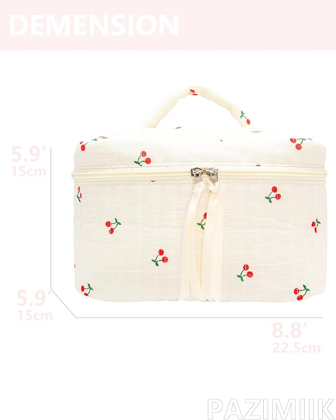 PAZIMIIK Quilted Makeup Bag Large Travel Zipper Soft Cosmetic Case for Women Girls Makeup, Cherry Beige