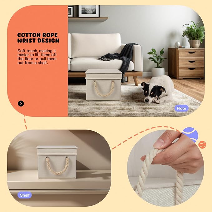 Dog Toy Basket with Lid, Dog Basket for Toys, Dogs Toy Box with Cotton Rope Handles, Collapsible Storage Bins for Pet Toys, Dogs Storage Organizer, Beige
