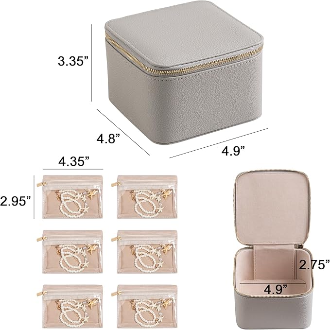 Frebeauty Small Travel Jewelry Box,Travel Jewelry Case with 6 Pouch Bags,Portable Travel Jewelry Organizer,Mini Jewelry Storage,3.35 x 4.9 x 4.8 Inches,Gift Idea for Women Girls (Grey)