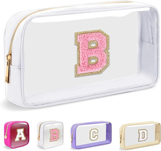 Small Clear Personalized Initial Makeup Bag,Nylon Preppy A-Z Chenille Letter Patch Cosmetic Pouch Beach Toiletry Bag,Waterproof Zipper Travel Purse Storage Bag Organizer for Women Girls(White-Pink B)