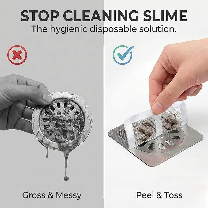 50 Pack Square Disposable Shower Drain Hair Catcher Stickers - Waterproof Drain Covers for Bathroom Floor, Sink & Bathtub, Easy-Peel Drain Hair Trap for Clog Prevention & Hygiene