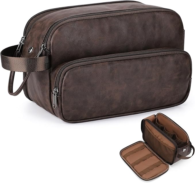 Toiletry Bag for Men, Travel Essentials Travel Toiletry Bag, Water-Resistant Compact Bathroom Roll Organizer for Hygiene, Shaving kit, Gifts for men (7 Dark Brown(PU Leather))