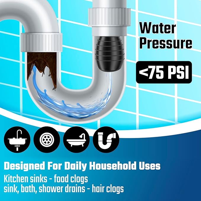 DURATECH Drain Bladder, Medium Drain Cleaning Bladder, Fits 1-1/2" to 3" Drain Pipes, Unclogs Stubborn Blockages in Kitchen Sinks, bathtubs, Showers, and Main drains