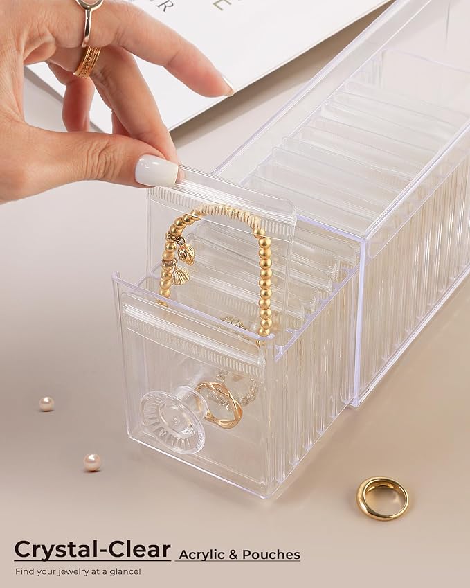 Clear Acrylic Jewelry Organizer Box with 20 Portable Pouches, Jewelry Storage Case for Women Girls, Tangle-Free, Anti-Tarnish, Compact Storage for Necklaces/Earrings/Rings, Upgraded Clear