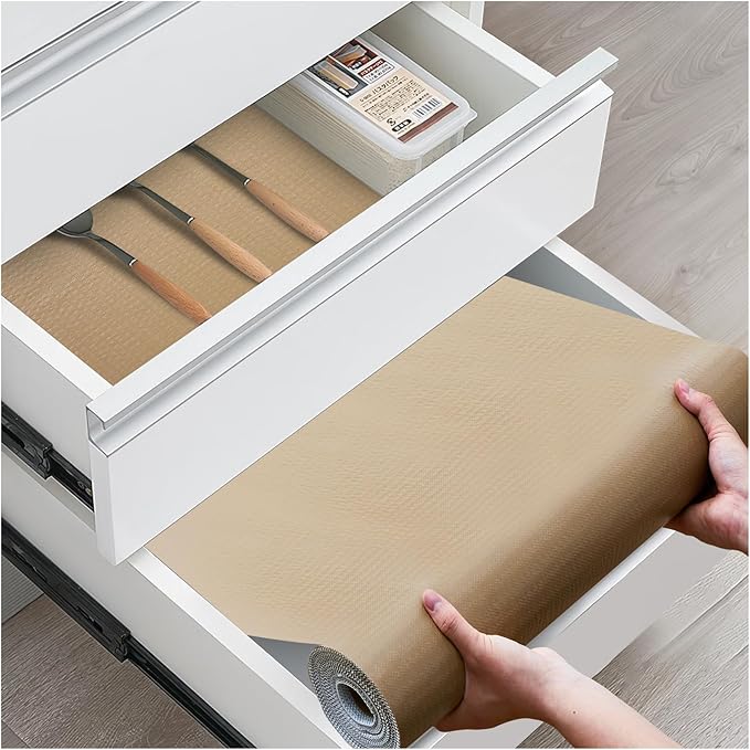 Drawer and Shelf Liner, Non-Slip Kitchen Cabinet Liners Non-Adhesive Thick Strong Grip Waterproof Washable Mats Protect Dresser Shelves Cupboard Bathroom Cabinets, Beige, 24 in X 10 FT