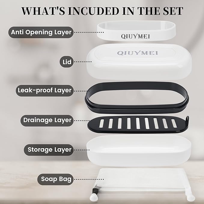 Shampoo Bar Holder and Soap Case | Leakproof Travel Container with Lid & Drain Tray | Includes Silicone Strap and Mesh Soap Bag | for Bathroom, Shower, Camping, Gym Travel (White, Large)