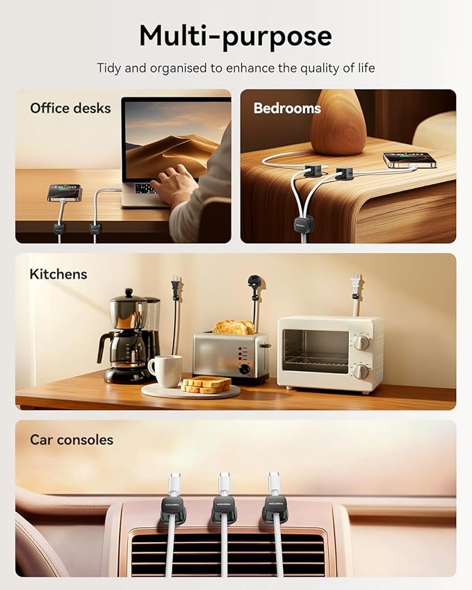 12 Pack Cable Management Cord Organizer,Magnetic Cable Clips-1s Lock,Rocoren Desk Adhesive Cord Cable Clip Wire Holder Keeper for Phone Charger Wire,Nightstand,Car,Office,Desktop Accessory,Black