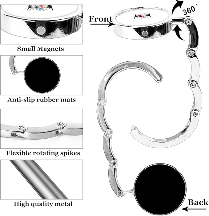 XSUIOY 3Pcs Personalized Initial Foldable Purse Hook for Table,Crushed Flower Letters Folding Purse Hanger,Purse Holder Handbag Hanger Collection Desk Table Bag Hooks Gifts for Women Bag(Black-I)