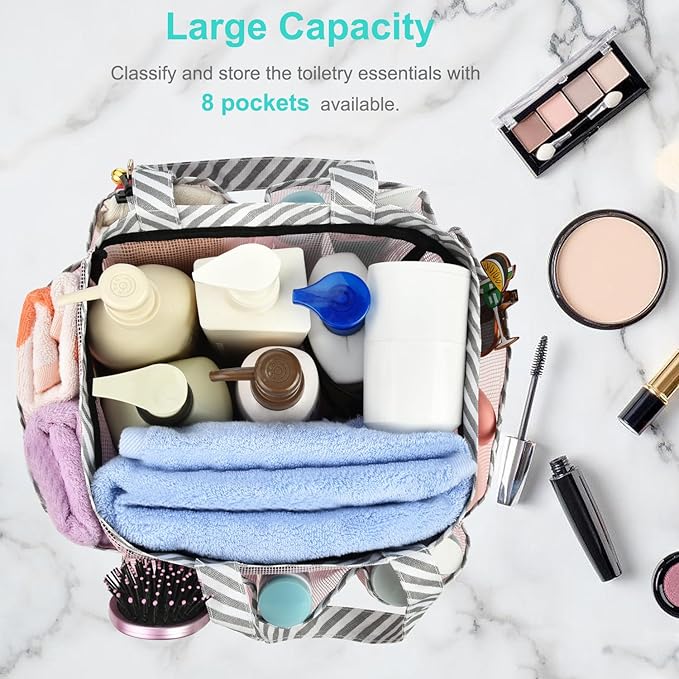 Haundry Mesh Shower Caddy Portable for College Dorm Room Essentials, Shower Caddy Tote with 8 Pockets Large Capacity, Shower Bag for Beach, Swimming, Gym, Pink