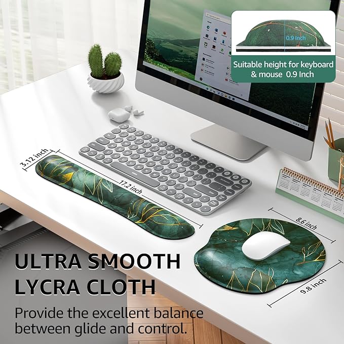 KTRIO Ergonomic Keyboard Wrist Rest and Mouse Pad with Wrist Rest Set, Memory Foam Wrist Support for Typing, Gaming, Office and Home Use, Green Leaves