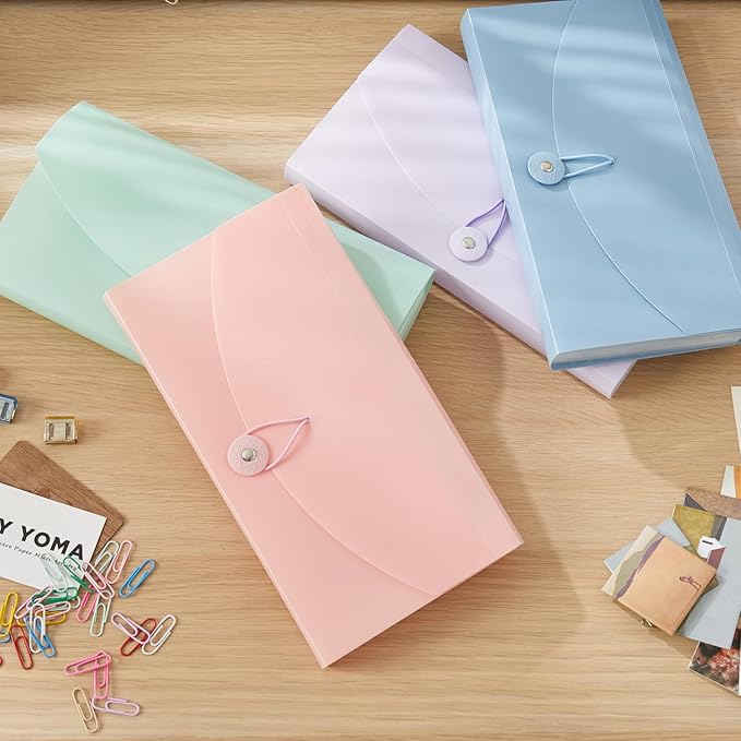 Y YOMA 4 Pack Coupon Organizer with 13 Pocket | Plastic Travel-Friendly Accordion Receipt Holder 10” x5.5” Expanding Folder for Small Bill Business Cards Tax Item Ticket, Pastel Design