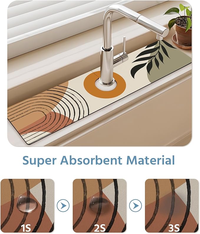 Patterned Sink Faucet Mat Kitchen Splash Guard Super Absorbent Drying Mat, Non-Slip Drain Pad for Kitchen Counter or Bathroom-15x5.5in