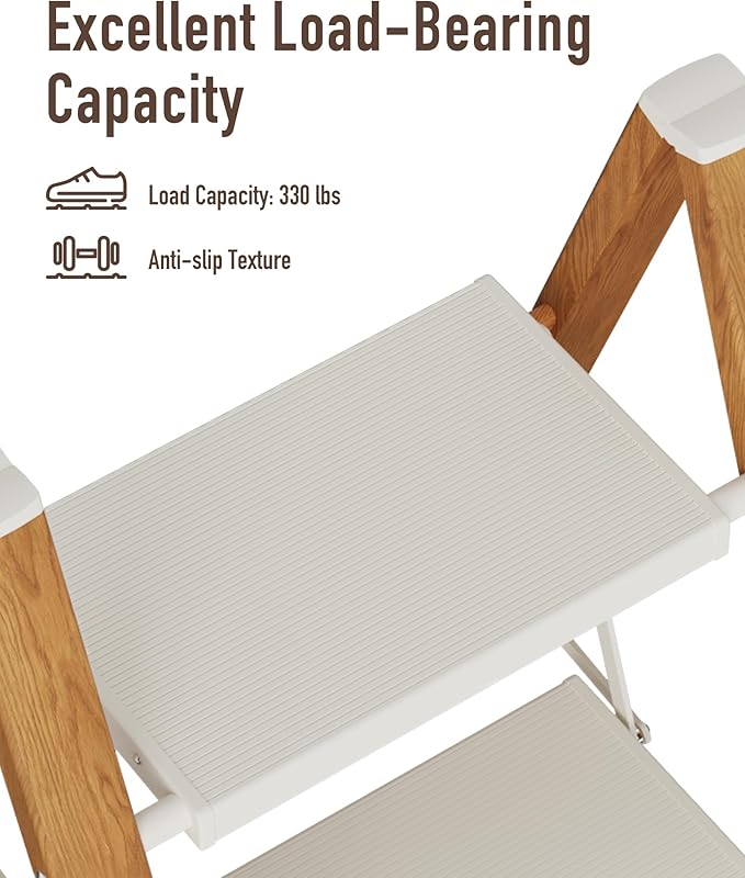 2-Step Aluminum Ladder,Lightweight Folding Step Stool with Extra-Wide Anti-Slip Steps,330 lbs Capacity,Compact Space-Saving Design for Home,Kitchen and Office（White&Woodgrain）