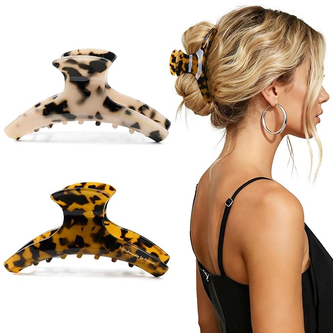 2 Pack Hair Claw Clips Women Large Tortoise Hair Clip French Design Barrettes Celluloid Leopard Print Accessories Jaw Clips for Thick Hair