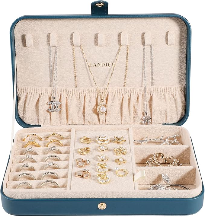 LANDICI Small Jewelry Box for Women Girls, PU Leather Travel Jewelry Organizer Case, Jewellery Storage Holder Display for Ring Earrings Necklace Bracelet Bangle Watch Men Kids Gift, Bluish Green