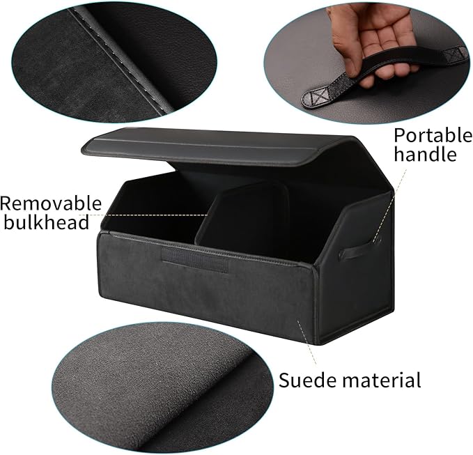 car organizers and storage for SUV,trunk organizer for sedan, leather foldable sleek box with lid,collapsible cargo bins, tool accessories containers,Collapsible Suede velvet (18 inch Covered)