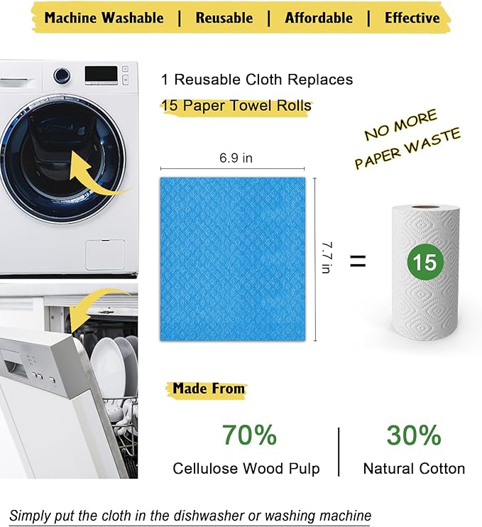MoLKENE Swedish Dishcloths - 10 Pack Reusable Kitchen Dishcloths - Ultra Absorbent Dish Towels for Washing Dishes - Cellulose Sponge Cloth Cleaning Cloths - Blue