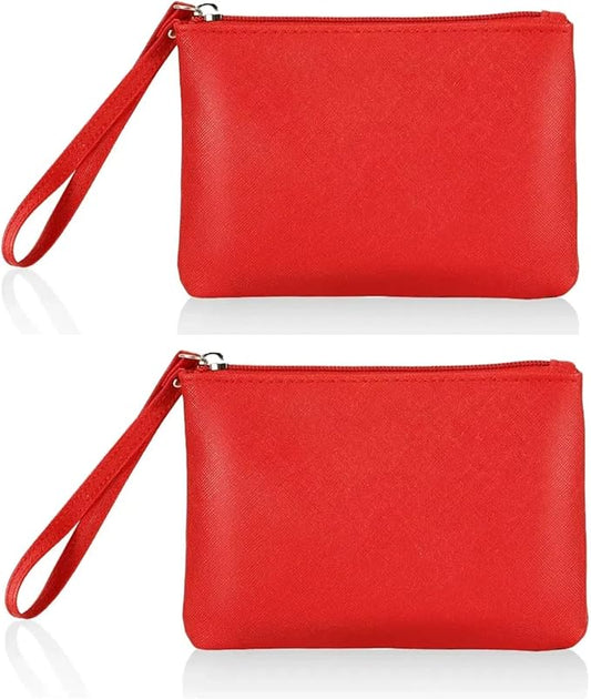 2 Pack Small Zipper Pouch Mini Makeup Bag for Purse Lipstick Cosmetic Travel Make Up Organizer for Women Essentials, Car Change Coin Holder 4.5 x 6.5 Clutch Stadium Approved Wristlet, Red