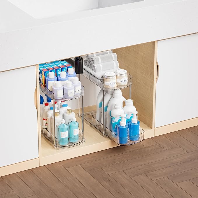 Yieach 2 Sets 2 Tier Pull Out Kitchen Under Sink Organizer and Clear Bathroom Undersink Organizers for Cleaning Products Storage,12.8 Inch Tall Sliding inder Cabinet Shelf,Under Counter Organization