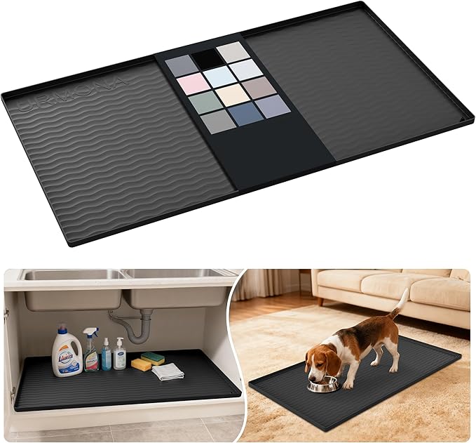 URMONA Waterproof Silicone Under Sink Mat 40'' x 22'' Shelf Liner for Kitchen and Bathroom, Cabinet and Counter Protector, Storage and Organizers, Litter Mat, Pet Cat Puppy Essentials(Black)