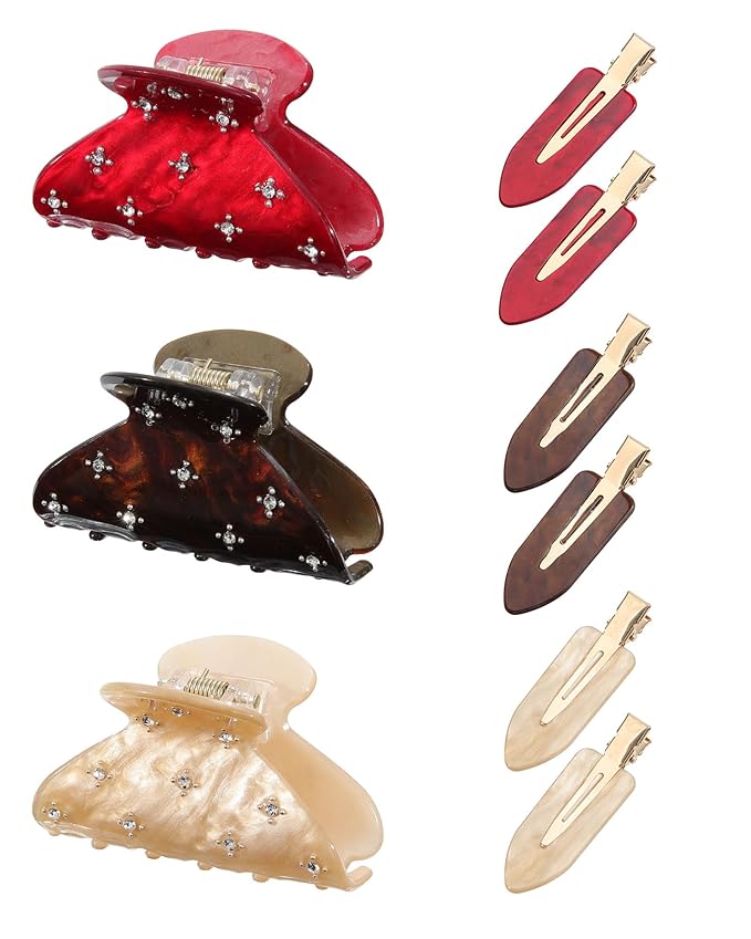 6PCS Acrylic Marbled Hair Claw Clips - Include No Bend No Crease Hair Clips and Medium Rhinestone Claw Clip, Cute Stylish Hair Accessories for Women Makeup, Strong Hold Non Slip for Thick Thin Hair