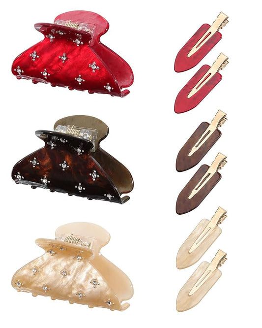 6PCS Acrylic Marbled Hair Claw Clips - Include No Bend No Crease Hair Clips and Medium Rhinestone Claw Clip, Cute Stylish Hair Accessories for Women Makeup, Strong Hold Non Slip for Thick Thin Hair