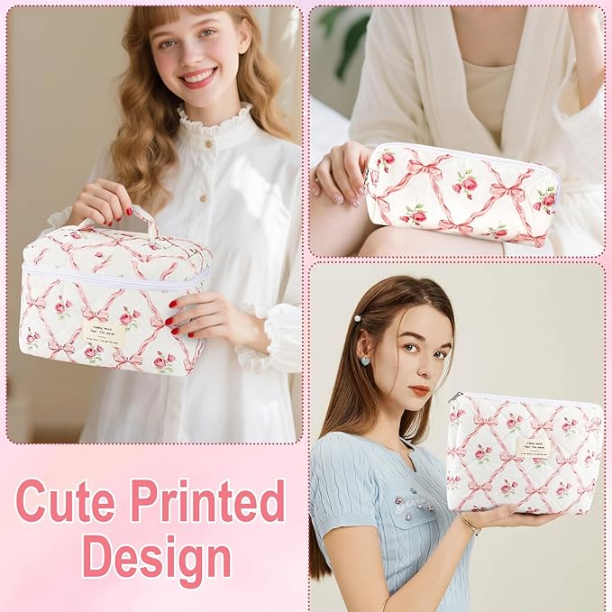 3Pcs Makeup Bag Quilted Cosmetic Bag Set Bow Travel Large Makeup Pouch for Women Cute Portable Cotton Toiletry Bag Skincare Organizer Coquette Vintage Travel Essential