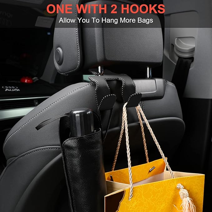 AMVOYOA Car Purse Hook, 2 in 1 Car Seat Headrest Hooks Durable Hanger Storage Holder Leather Organizer for Hanging Grocery Bags, 1 Pack, Gray